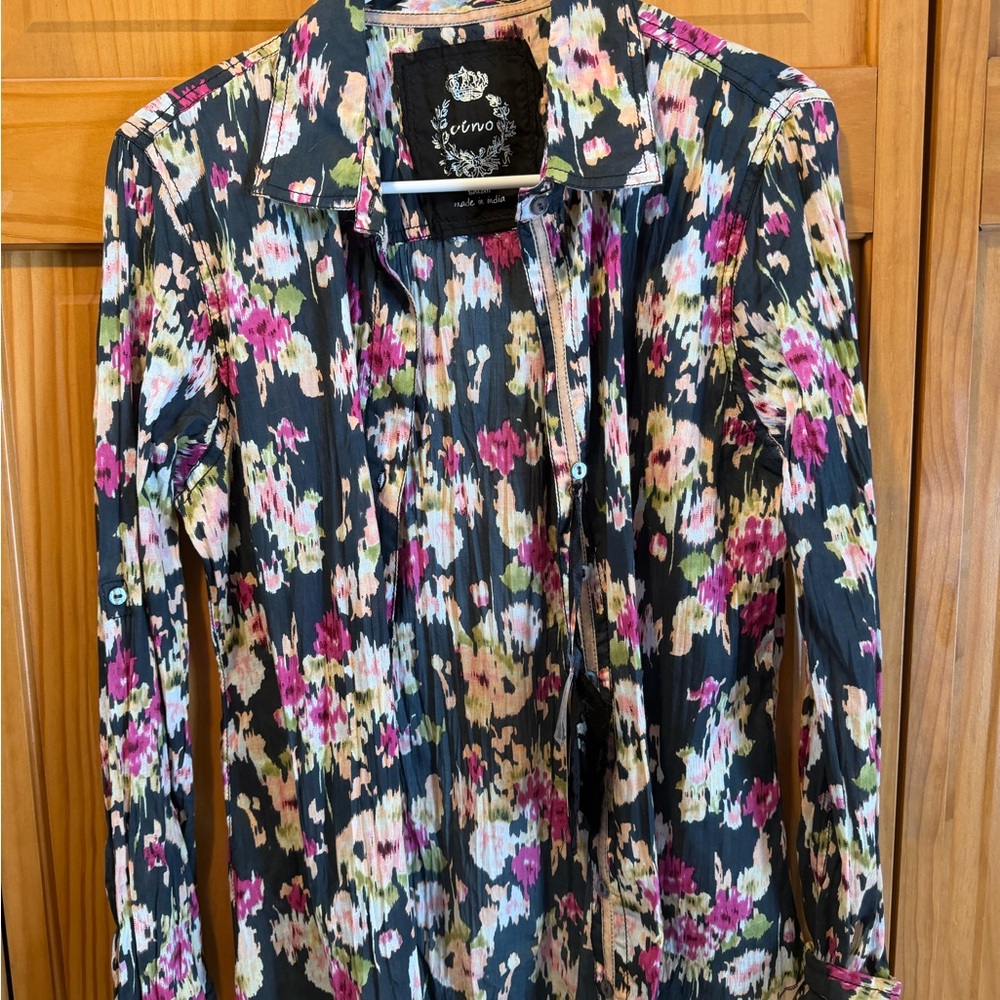 Cino Floral Button-Front Blouse in Black with Pink & Cream Blooms